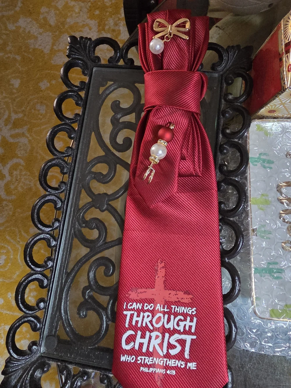 Elegant Red Bow Pendant Necklace with Pearl Accents